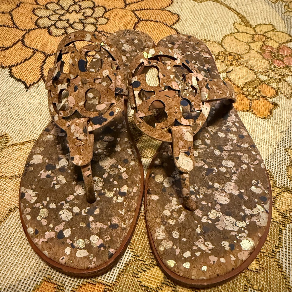 Tory Burch Metallic Gold Cork Miller Thong Sandals